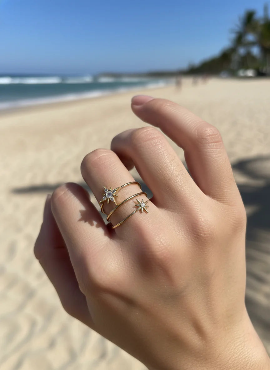 Bague Ajustable 3 Rangs et Etoiles Dorées porter