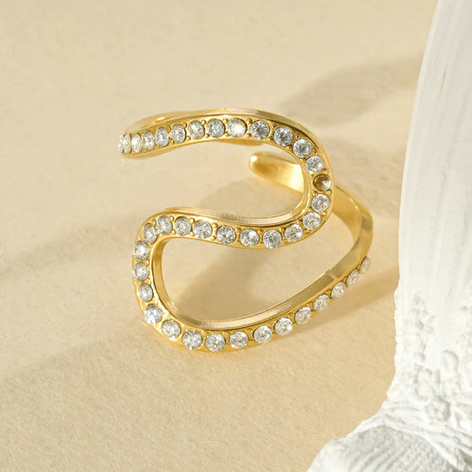 Bague Ajustable Doré Motif Vague et Zircons Blancs