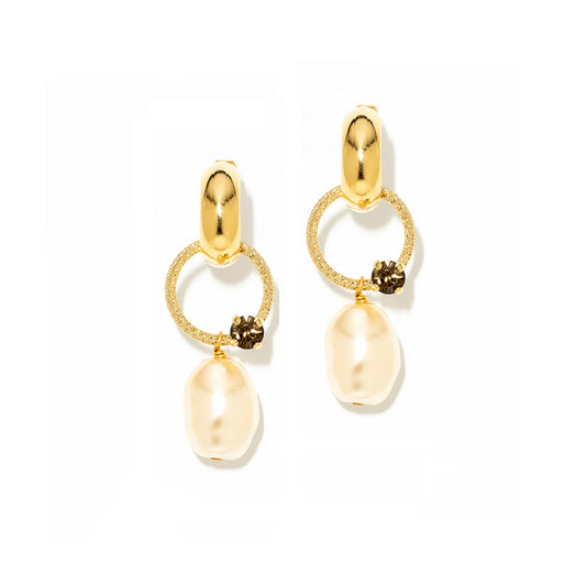 Boucles d'Oreilles Anneaux Dorées et Perle d'Eau Douce et Cristal Swarovski Gris 