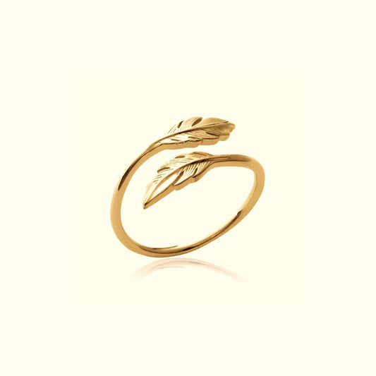 Bague Ouverte 2 Feuilles Plaqué Or vu de face 