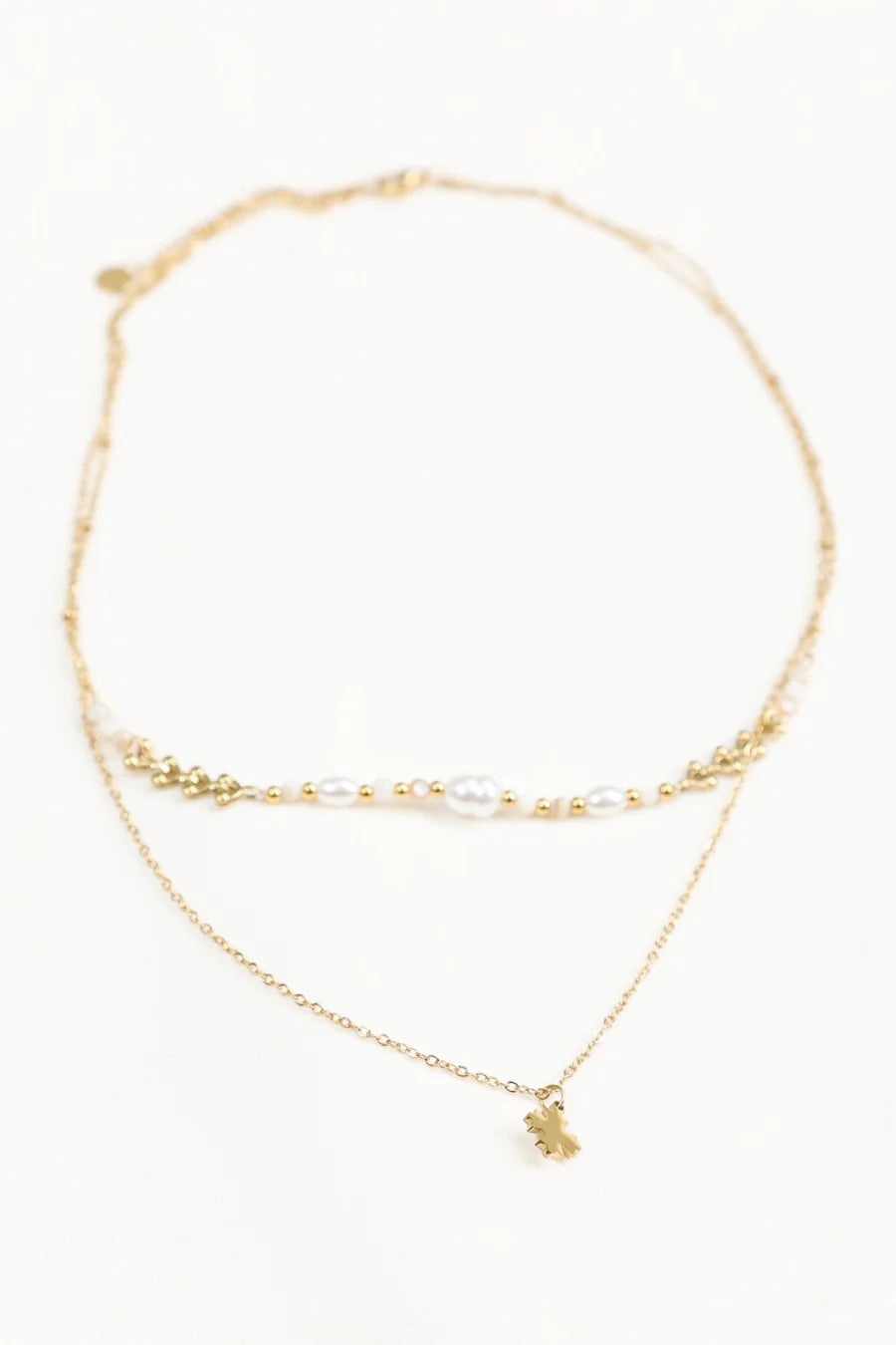 Collier 2 Rangs Dorés et Perles Blanches