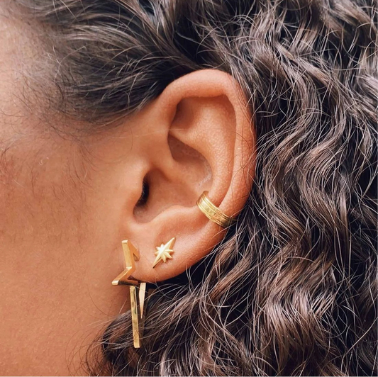 Bague d'Oreille Earcuff 2 Lignes Dorée Porté