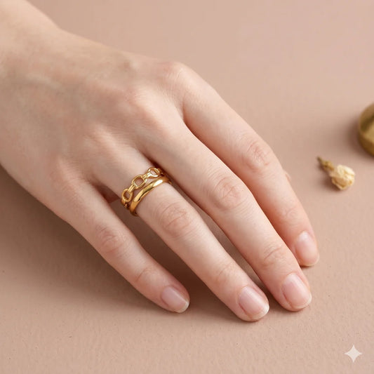 Bague double anneau chaîne gourmette doré Porté