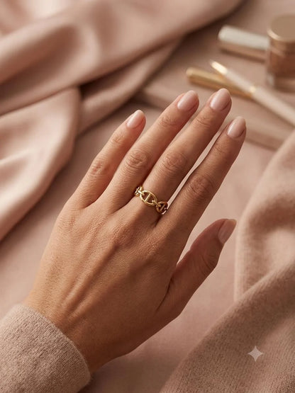 Bague ajustable à motif maille marine en acier inoxydable doré porté