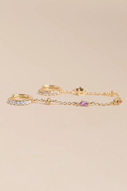 Boucles d'Oreilles 2 Trous Double Anneau et Chaine Relié Zircons Multicolore