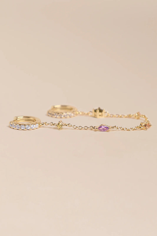 Boucles d'Oreilles 2 Trous Double Anneau et Chaine Relié Zircons Multicolore