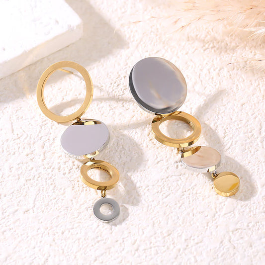 Boucles d'Oreilles Pendantes Cercle et Rond Bicolore