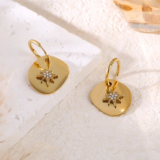 Boucles d'Oreilles Anneaux et Disque Lisse et Etoiles Strass Blanc