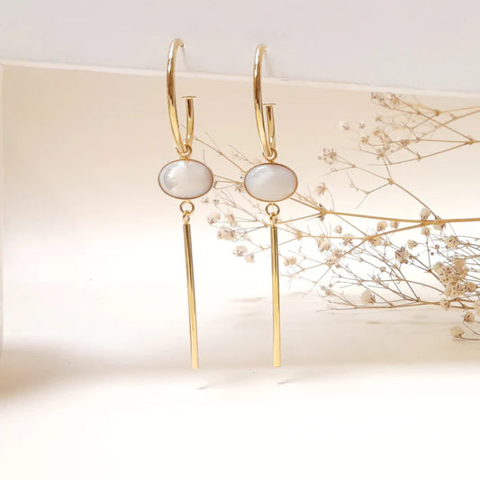 Boucles d'Oreilles Pendantes Anneaux, Nacre et Barre