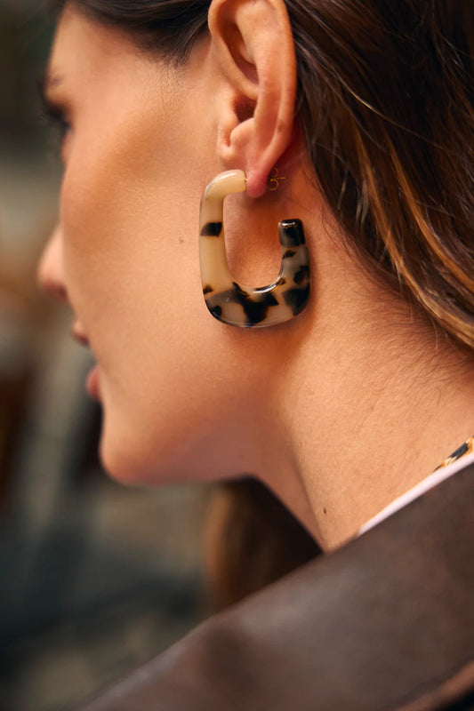 Boucles d'Oreilles Créoles Rectangle Motif Léopard Porté
