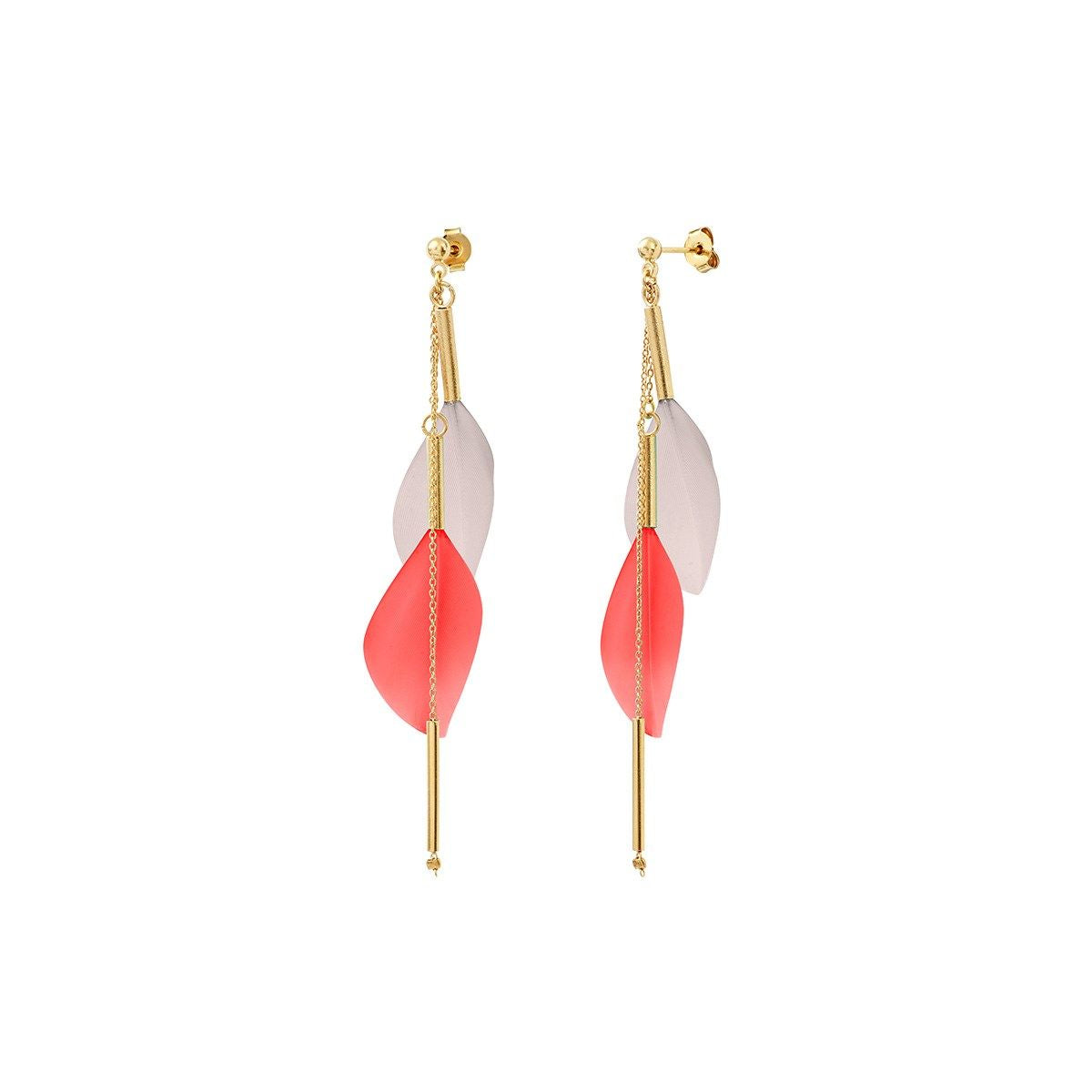 Boucles d'Oreilles Pendantes Plumes de Couleurs Corail