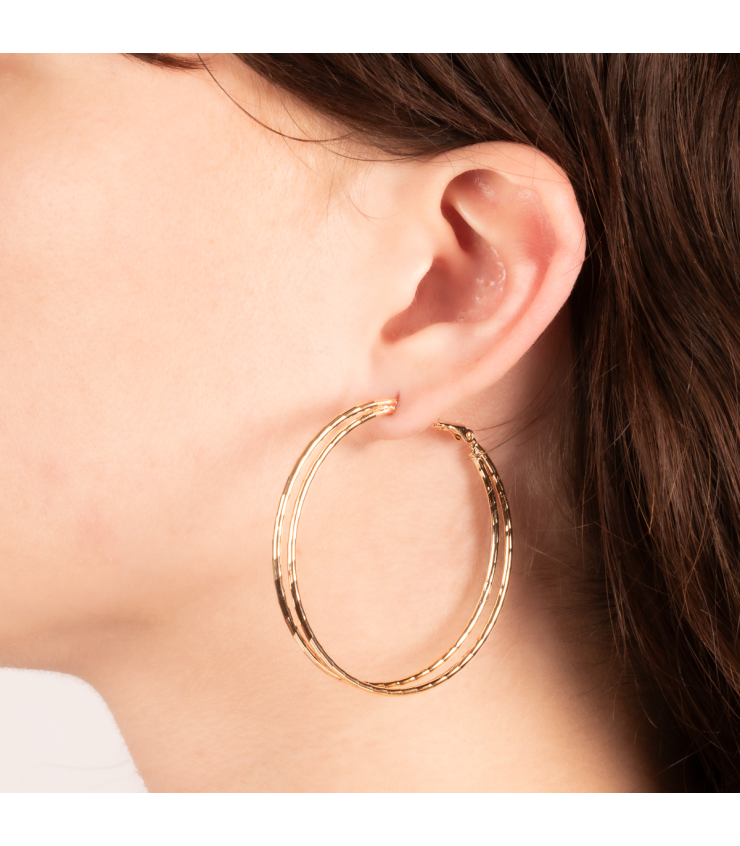 Boucles d'Oreilles Créoles Double Anneaux Plaqué Or Porté