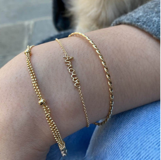 Bracelet 3 Chaines et Boules Plaqué Or Porté