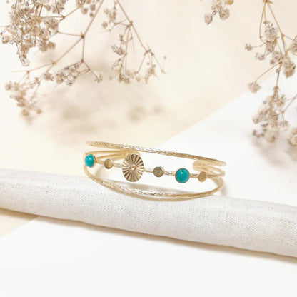 Bracelet Jonc 2 Rangs Petits Ronds Martelés et Pierres Fines Amazonite