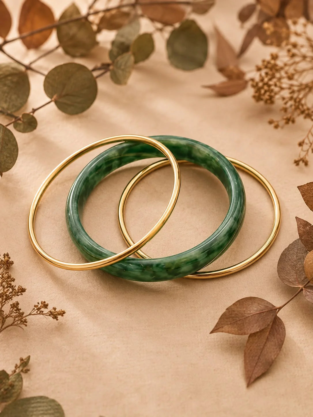 Bracelet 3 Jonc Fermé Dorés et Résine de Couleurs Vert