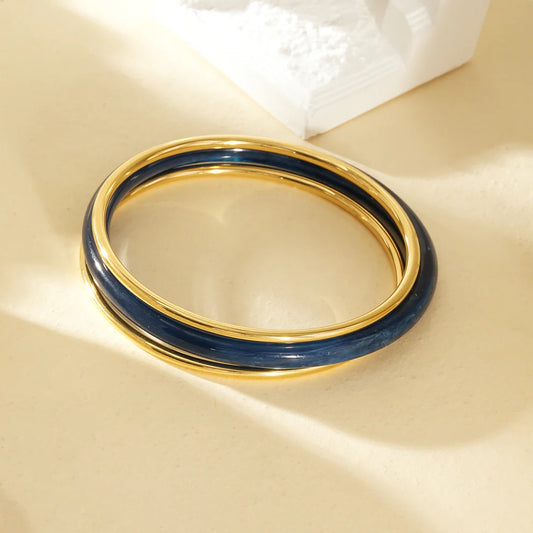 Bracelet 3 Jonc 2 Anneaux Doré et 1 Anneau Résine Bleu 