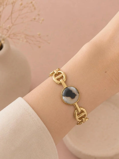 Bracelet Jonc Maillon Marine et Résine Léopard Porté