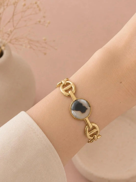 Bracelet Jonc Maillon Marine et Résine Léopard Porté