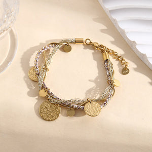 Bracelet Multichaînes Doré, Argenté, Pampilles Rondes Martelées