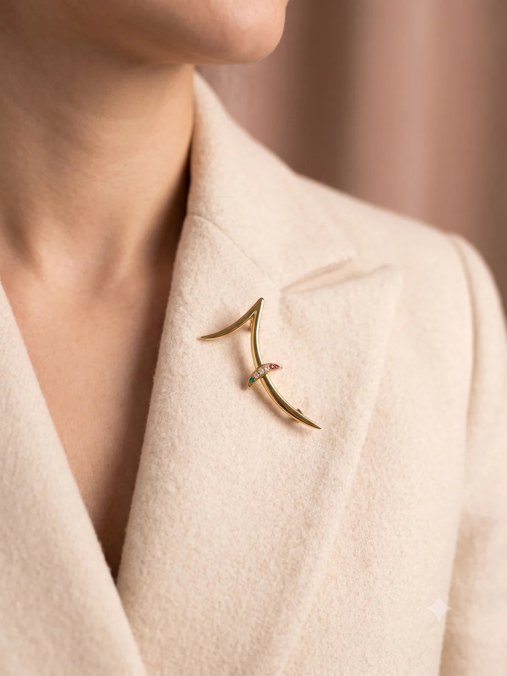 Broche Doré Courbes Croisée et Strass Multicolore Porté 