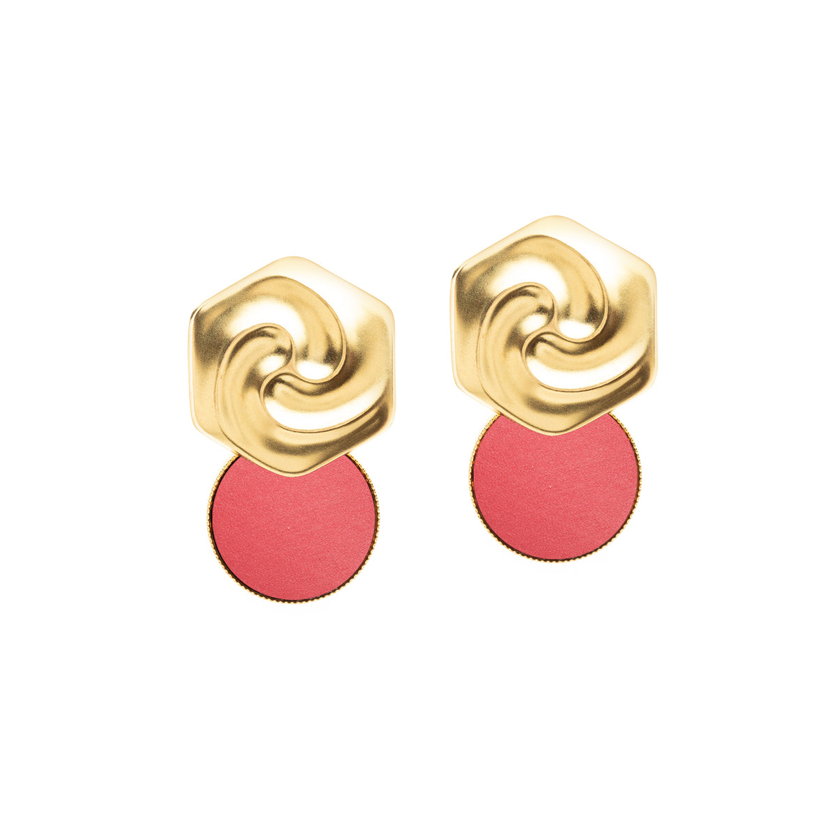 Boucles d'Oreilles Octogonales dorés et Bouton de Tissus Fushia