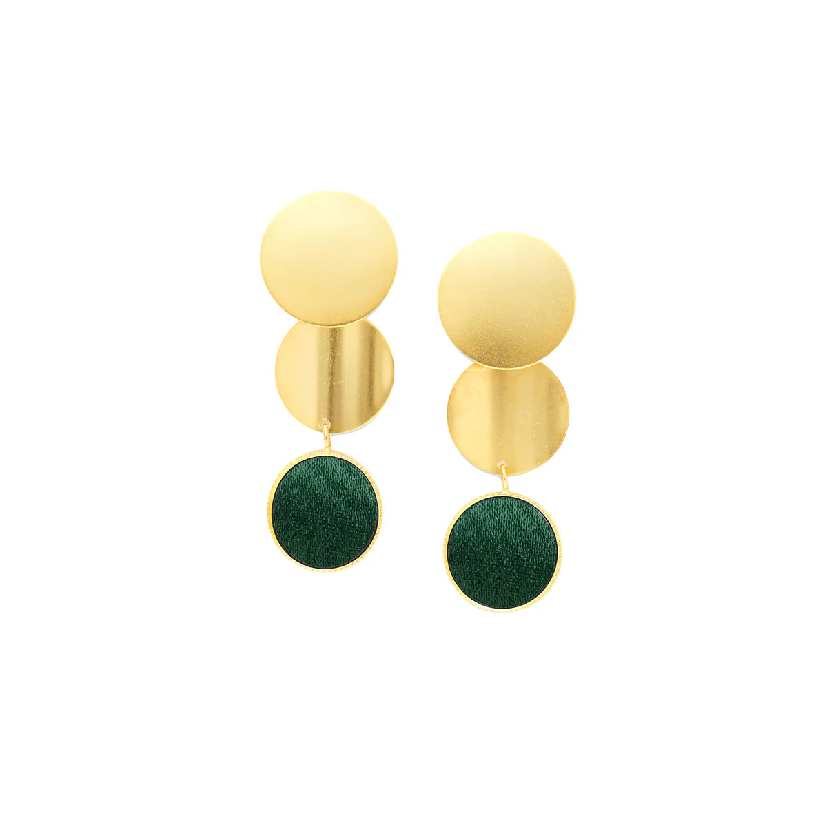 Boucles d'Oreilles Pendantes 2 Ronds dorés et Bouton de Tissus Vert