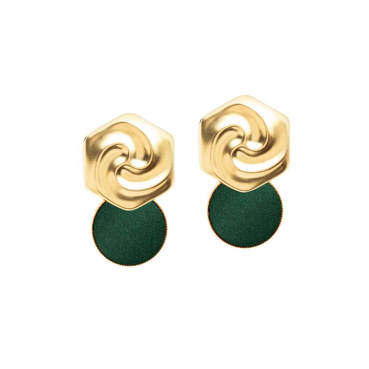 Boucles d'Oreilles Octogonales dorés et Bouton de Tissus Vert