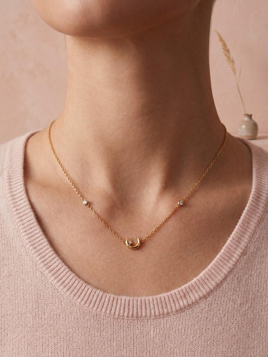 Collier Tour de Cou Doré et Pendentif Lune Strass Blancs Porté