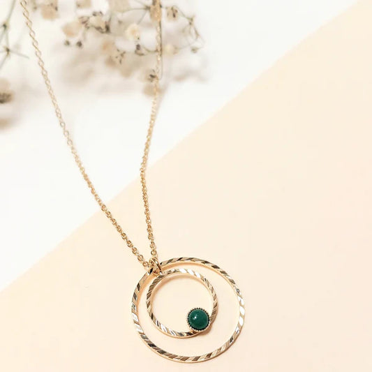 Collier Pendentif Double Cercle Doré et Pierre Malachite