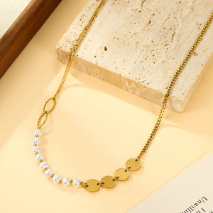 Collier Doré Moitié Perles Blanches et 4 Ronds Dorés