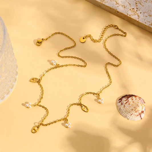 Collier Chaine Doré et Charms Maillons et Perles Blanches