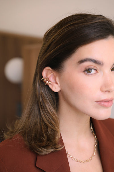 Grande Bague d'Oreille Earcuff Multi-Rang Doré Porté