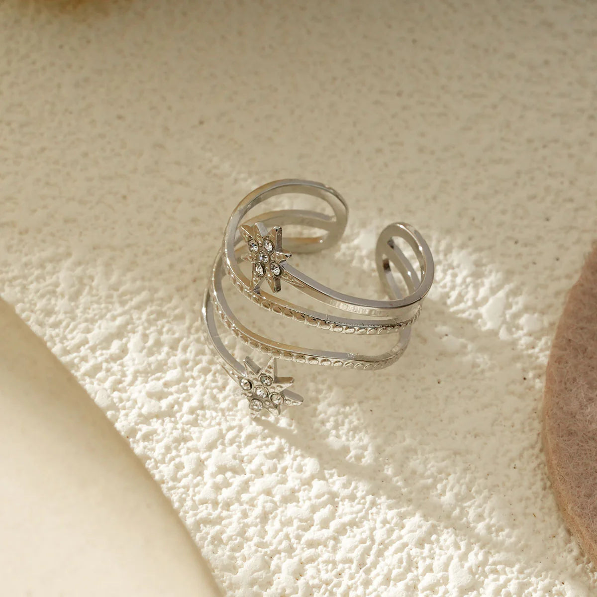 Bague Multi Rangs Argent et 2 Etoiles Strass Blancs 