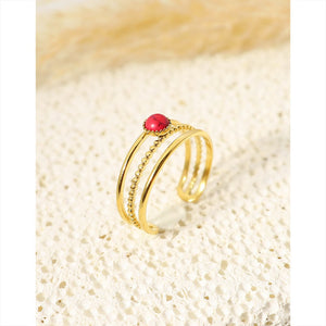 Bague Ajustable Doré 2 Rangs et Perles Rouge vu de profil 