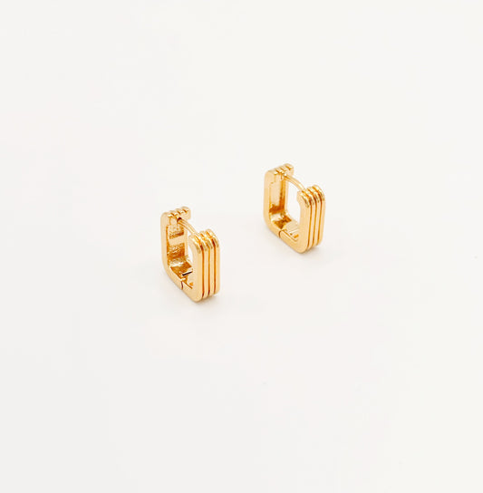 Boucles d'Oreilles Créoles Rectangle Strié Plaqué Or