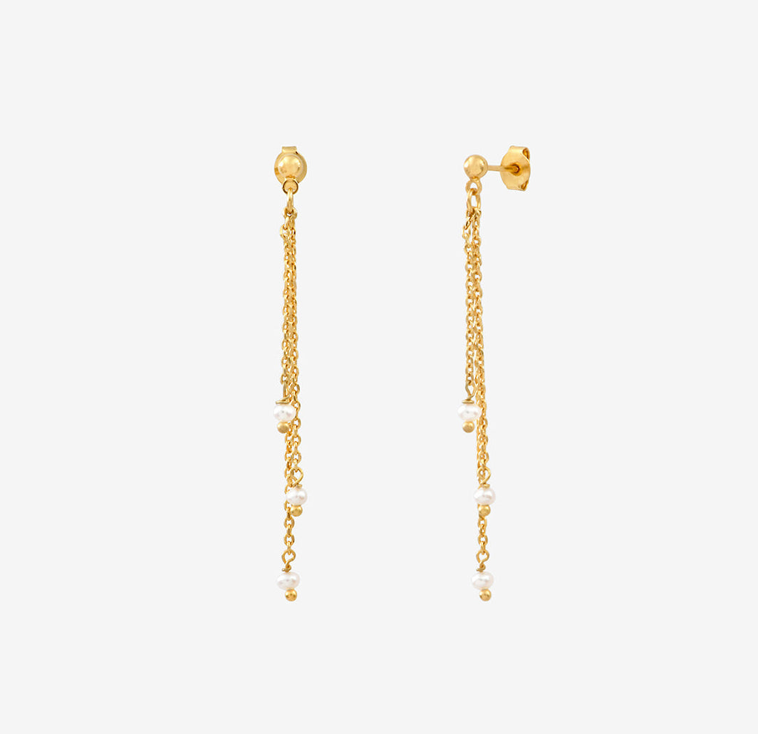 Boucles d'Oreilles Pendantes 3 Chaines Dorées et Perles de Culture