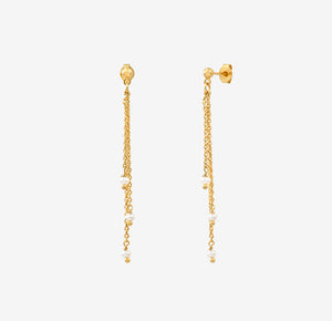 Boucles d'Oreilles Pendantes 3 Chaines Dorées et Perles de Culture