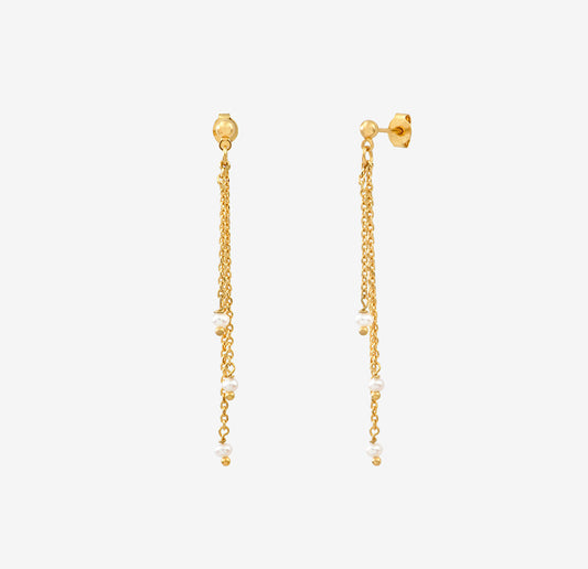 Boucles d'Oreilles Pendantes 3 Chaines Dorées et Perles de Culture