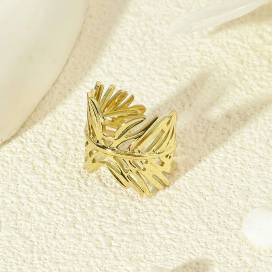 Bague Ajustable Feuille Acier Doré