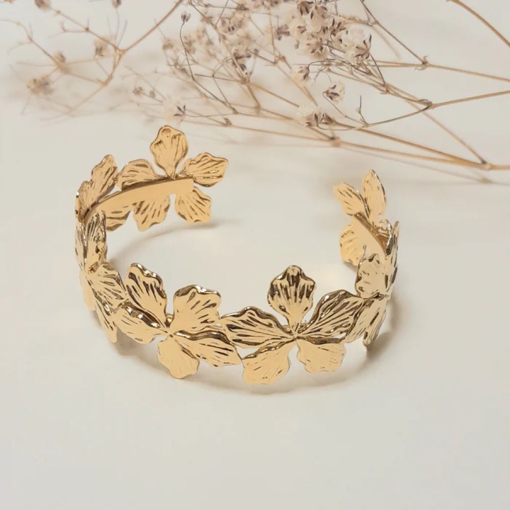 Bracelet Manchette Jonc Ouvert 7 Fleurs Martelés Dorés