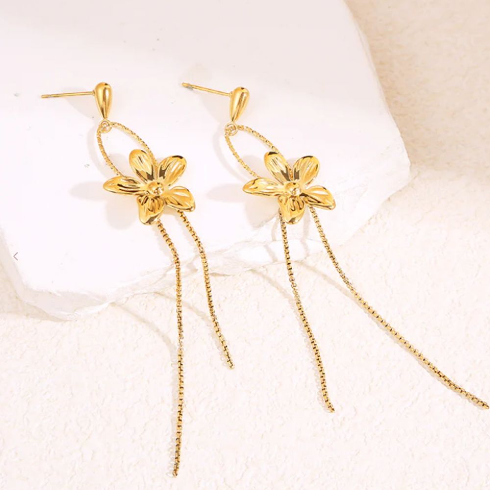 Boucles d'Oreilles Pendantes Fleurs et Chaine Boules Doré