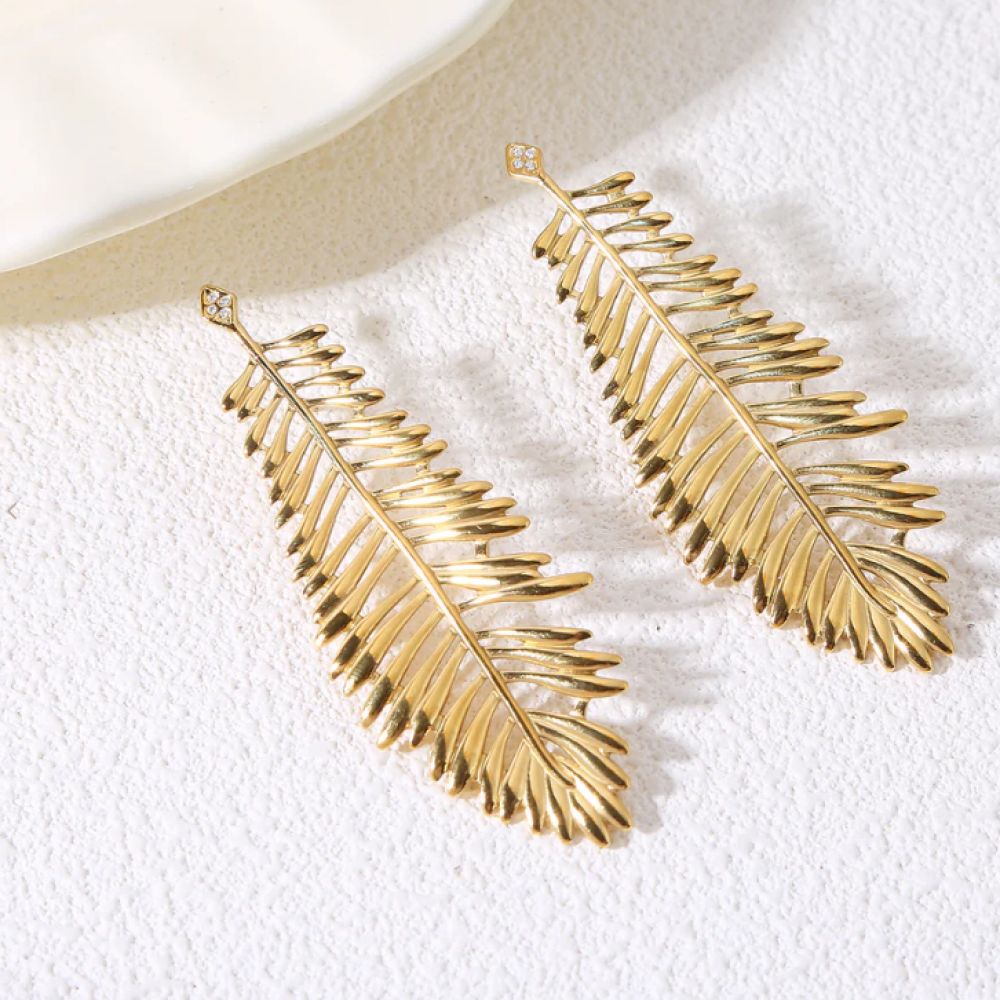 Boucles d'Oreilles Grandes Feuilles Pendantes Dorées