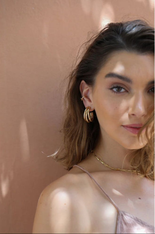 Boucles d'Oreilles Créoles 3 Anneaux Dorés Porté