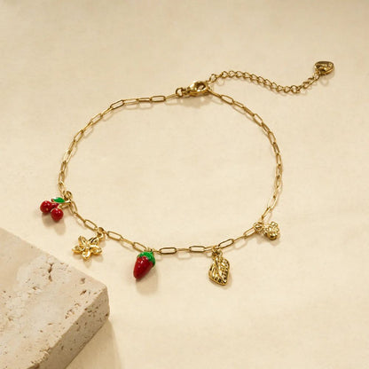 Bracelet de Cheville Mailles Dorées et Breloques Fruits, Feuilles