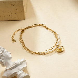 Bracelet Double Chaine Doré Maille, Perles et Breloques Coquillages 