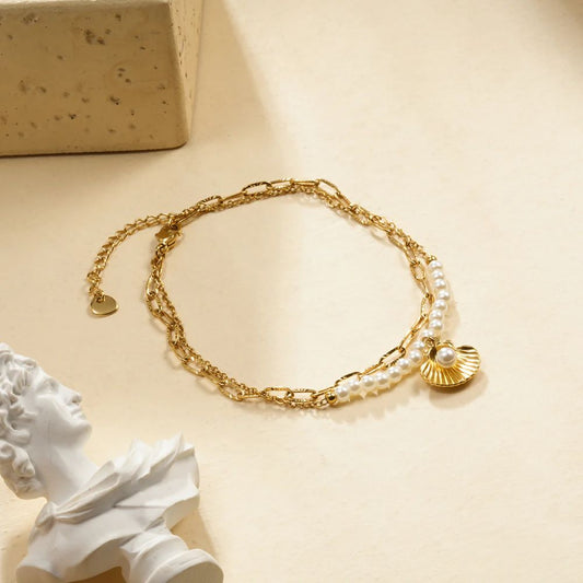 Bracelet Double Chaine Doré Maille, Perles et Breloques Coquillages 