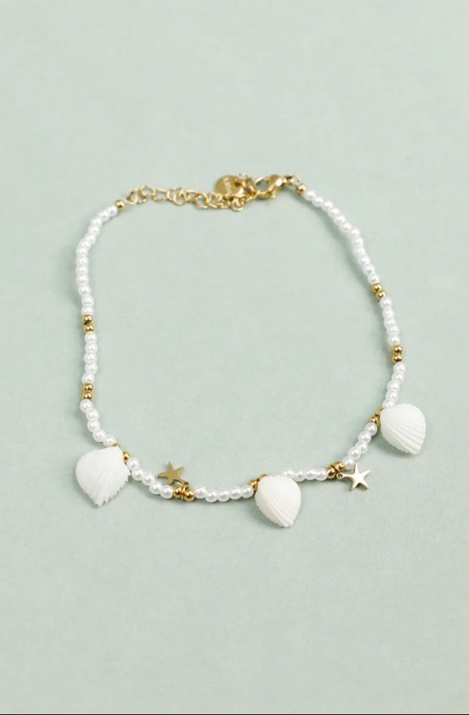 Bracelet de Cheville Perle Blanche et Breloque Etoile et Coquillge Blanc