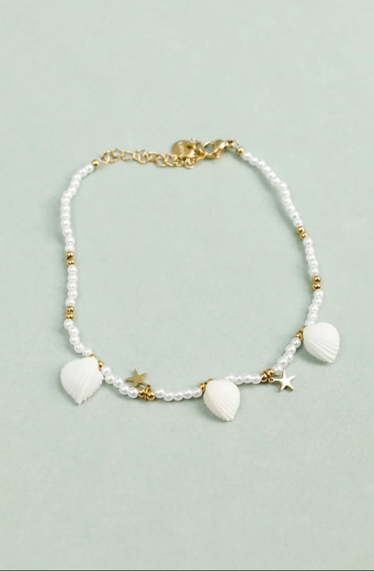 Bracelet de Cheville Perle Blanche et Breloque Etoile et Coquillge Blanc
