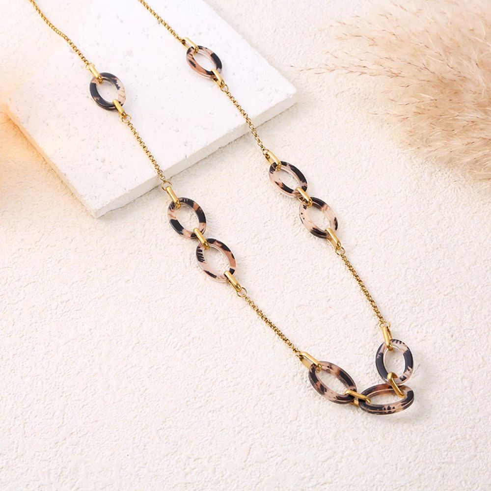 Sautoir Chaine Doré Double Cercle Entrelacé Motif Leopard 