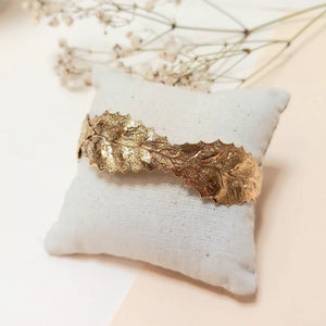 Bracelet Jonc Manchette Feuille Martelé Doré